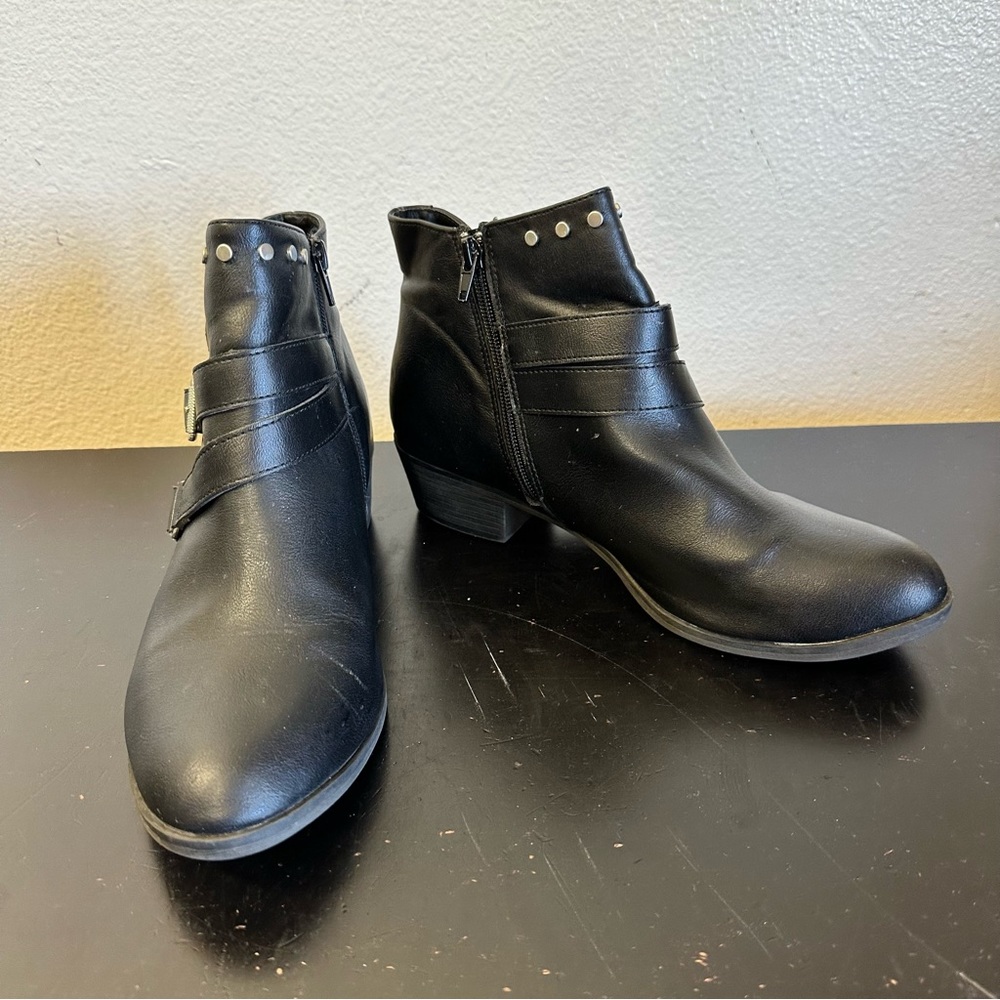 Black Faux Leather Studded Buckle Ankle Boots